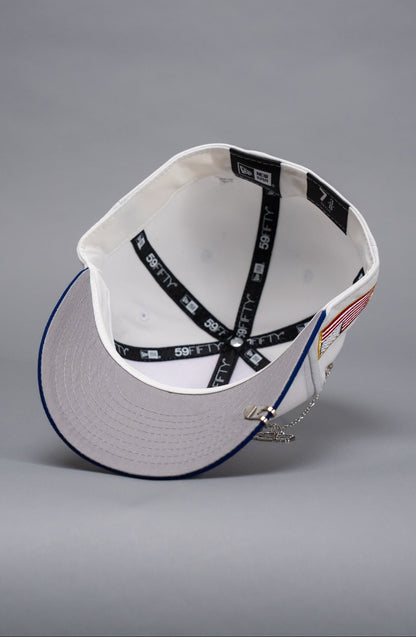 NEW ERA EXCLUSIVE 59FIFTY PEARL WHITE MEXICO "EL GALLO" W/ AMERICAN FLAG SIDE PATCH