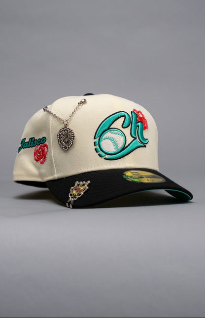 NEW ERA EXCLUSIVE 59FIFTY CHROME/ BLACK CHARROS DE JALISCO W/ "JALISCO" SCRIPT SIDE PATCH