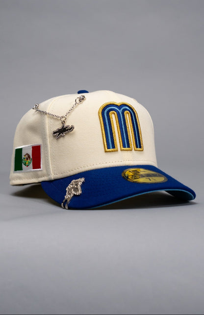 NEW ERA EXCLUSIVE 59FIFTY CHROME/BLUE MEXICO 2025 WORLD BASEBALL CLASSIC W/ MEXICO FLAG SIDE PATCH