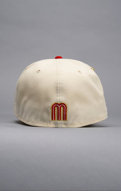 NEW ERA EXCLUSIVE 59FIFTY CHROME/RED MEXICO 2025 WORLD BASEBALL CLASSIC W/ ROSES + MEXICO FLAG SIDE PATCH
