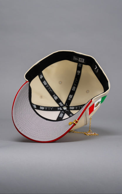 NEW ERA EXCLUSIVE 59FIFTY CHROME/RED MEXICO 2025 WORLD BASEBALL CLASSIC W/ ROSES + MEXICO FLAG SIDE PATCH