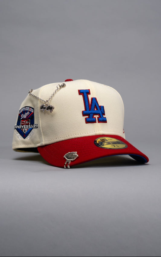 NEW ERA EXCLUSIVE 59FIFTY CHROME/MAROON LOS ANGELES DODGERS W/ 50TH ANNIVERSARY SIDE PATCH