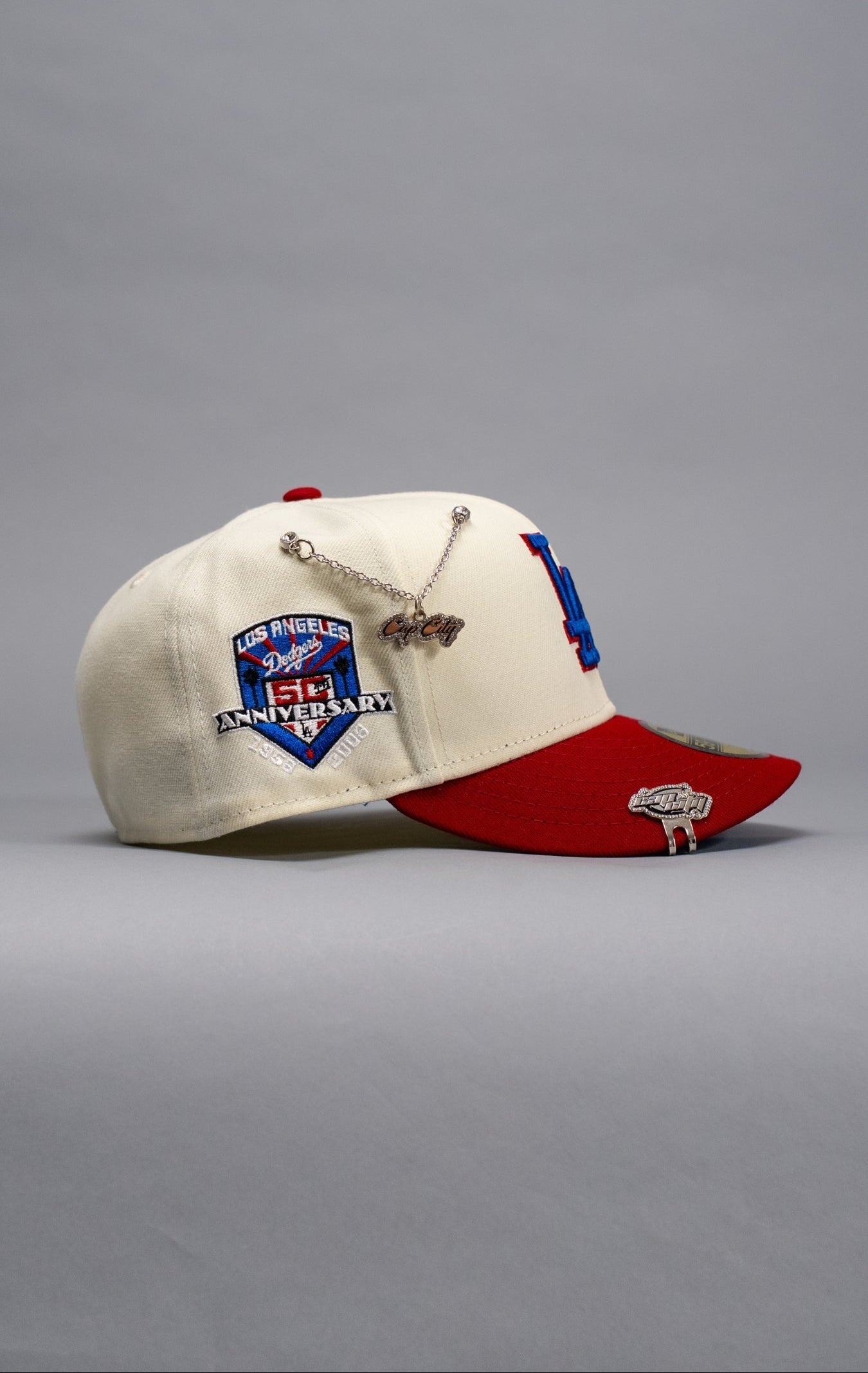 NEW ERA EXCLUSIVE 59FIFTY CHROME/MAROON LOS ANGELES DODGERS W/ 50TH ANNIVERSARY SIDE PATCH