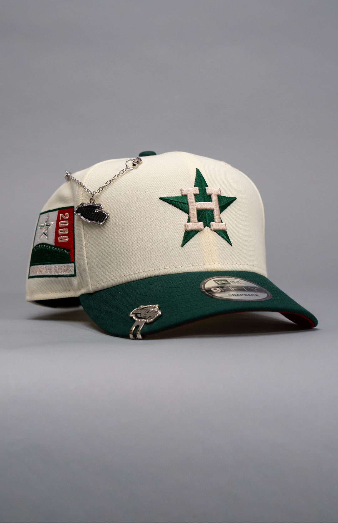 NEW ERA EXCLUSIVE 9FIFTY CHROME/FOREST GREEN HOUSTON ASTROS SNAPBACK W/ 2000 INAUGURAL SEASON SIDE PATCH