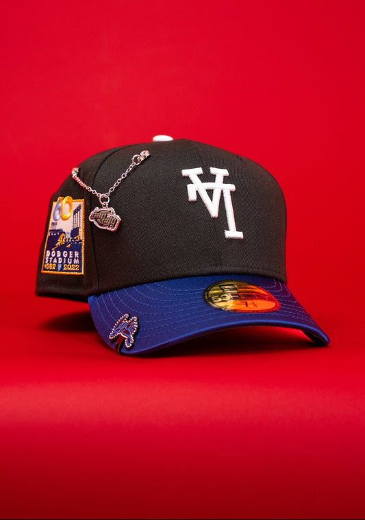 NEW ERA EXCLUSIVE 59FIFTY BLACK/SATIN BLUE UPSIDE DOWN LOS ANGELES DODGERS W/ 60TH ANNIVERSARY SIDE PATCH