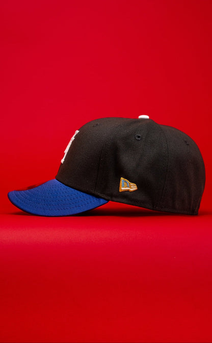 NEW ERA EXCLUSIVE 59FIFTY BLACK/SATIN BLUE UPSIDE DOWN LOS ANGELES DODGERS W/ 60TH ANNIVERSARY SIDE PATCH