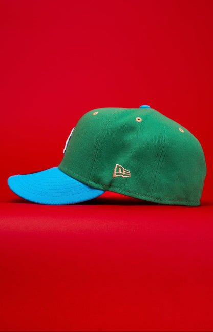 NEW ERA EXCLUSIVE 59FIFTY SEA GREEN/BLUE LOS ANGELES DODGERS W/ 40TH ANNIVERSARY SIDE PATCH