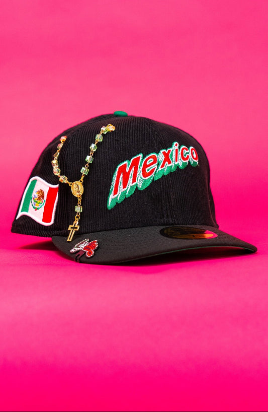 NEW ERA EXCLUSIVE 59FIFTY BLACK CORDUROY 2025 WBC MEXICO SCRIPT W/ MEXICO FLAG SIDE PATCH