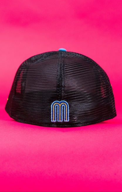 NEW ERA EXCLUSIVE 59FIFTY BLACK/BLUE 2025 WBC MEXICO SCRIPT MESHBACK W/ "EL CHIVO" SIDE PATCH