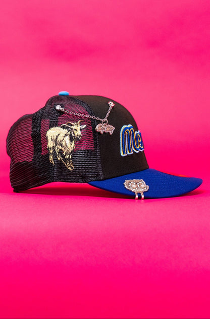 NEW ERA EXCLUSIVE 59FIFTY BLACK/BLUE 2025 WBC MEXICO SCRIPT MESHBACK W/ "EL CHIVO" SIDE PATCH