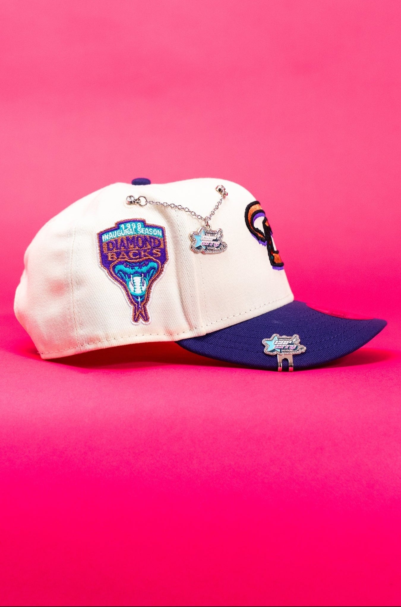 NEW ERA EXCLUSIVE 9FIFTY CHROME/PURPLE ARIZONA DIAMONDBACKS SNAPBACK W/ 1998 INAUGURAL SEASON SIDE PATCH