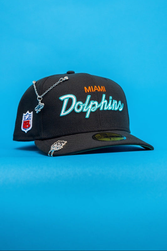 NEW ERA EXCLUSIVE 59FIFTY BLACK MIAMI DOLPHINS SCRIPT W/ NFL LOGO SIDE PATCH