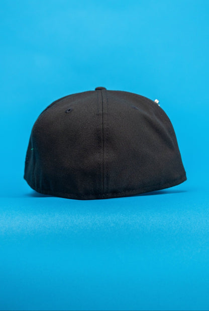 NEW ERA EXCLUSIVE 59FIFTY BLACK MIAMI DOLPHINS SCRIPT W/ NFL LOGO SIDE PATCH