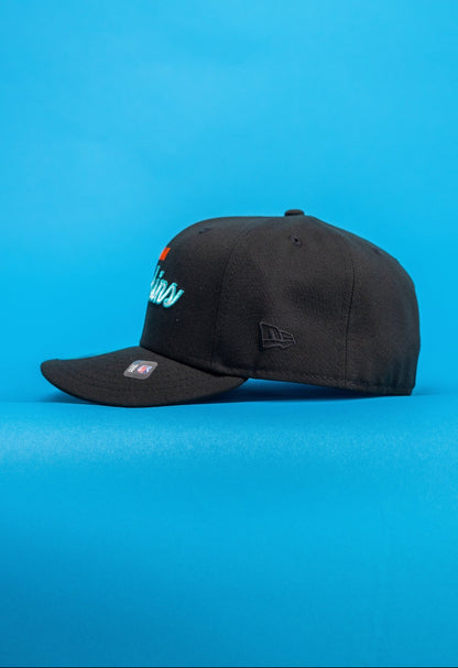 NEW ERA EXCLUSIVE 59FIFTY BLACK MIAMI DOLPHINS SCRIPT W/ NFL LOGO SIDE PATCH