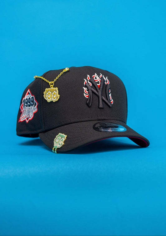 NEW ERA EXCLUSIVE 9FIFTY BLACKED OUT NEW YORK YANKEES SNAPBACK W/ FLAME LOGO +1999 WORLD SERIES SIDE PATCH