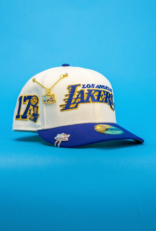 NEW ERA EXCLUSIVE 59FIFTY CHROME/BLUE LOS ANGELES LAKERS SCRIPT W/ 17X CHAMPIONS SIDE PATCH