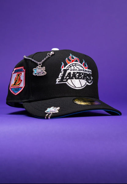 NEW ERA EXCLUSIVE 59FIFTY BLACK LOS ANGELES LAKERS W/ FLAME LOGO + 1947 SIDE PATCH