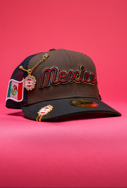 NEW ERA EXCLUSIVE 59FIFTY BROWN 2025 WBC MEXICO SCRIPIT MESHBACK W/ MEXICO FLAG SIDE PATCH