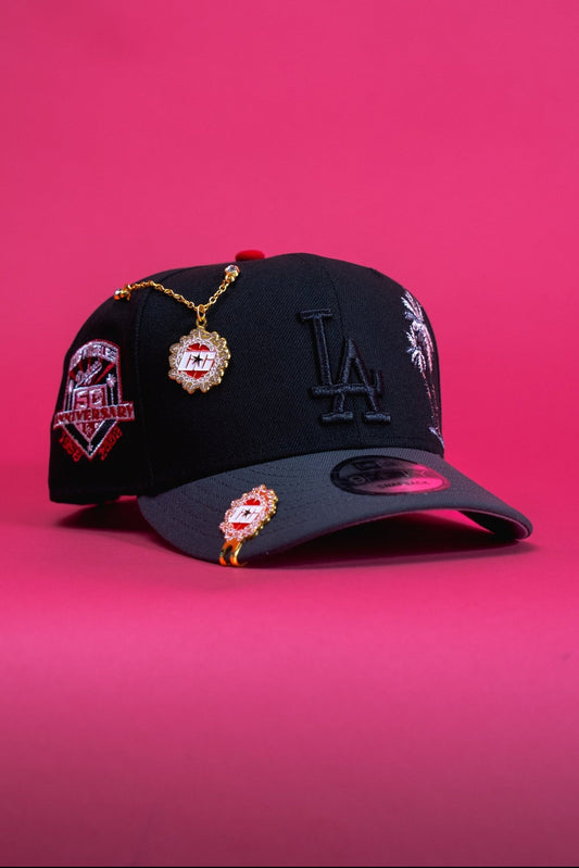 NEW ERA EXCLUSIVE 9FIFTY BLACKED OUT LOS ANGELES DODGERS SNAPBACK W/ PALM TREES + 50TH ANNIVERSARY SIDE PATCH