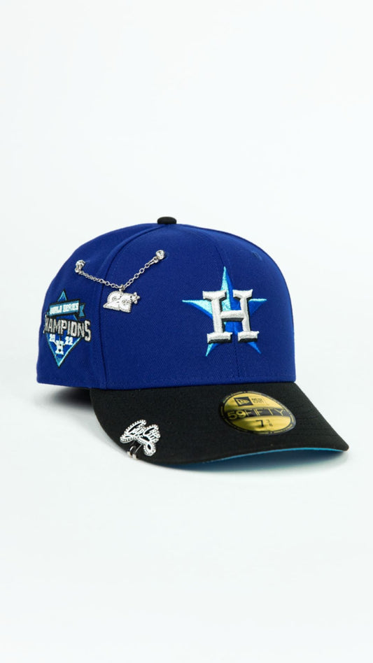 NEW ERA EXCLUSIVE 59FIFTY DARK BLUE/ BLACK HOUSTON ASTROS W/ WORLD SERIES CHAMPIONS SIDE PATCH