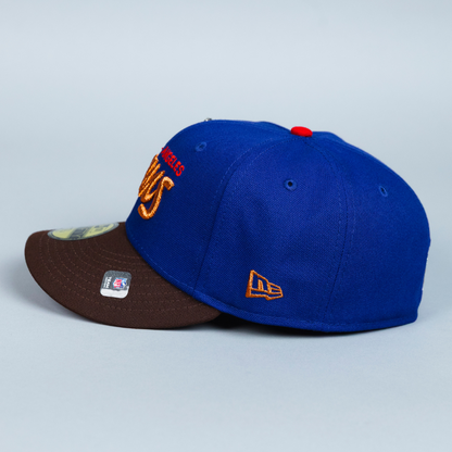 NEW ERA EXCLUSIVE 59FIFTY DARK BLUE/ BROWN LOS ANGELES RAMS SCRIPT W/ SIDE PATCH