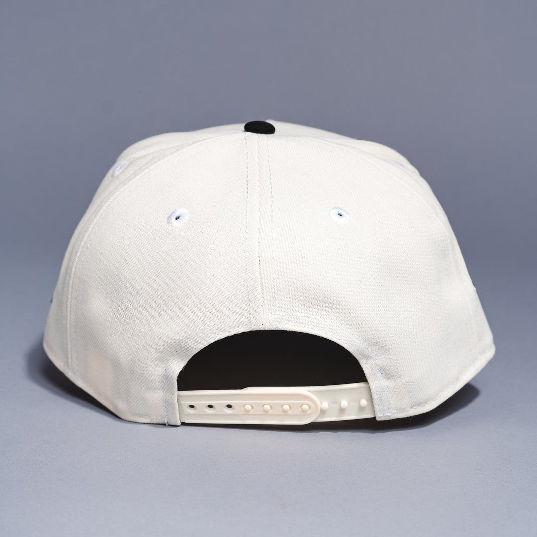 NEW ERA 9FIFTY A-FRAME CHROME/BLACK LOS ANGELES DODGERS 1958 MLB SCRIPT SNAPBACK W/ 40TH ANNIVERSARY SIDE PATCH