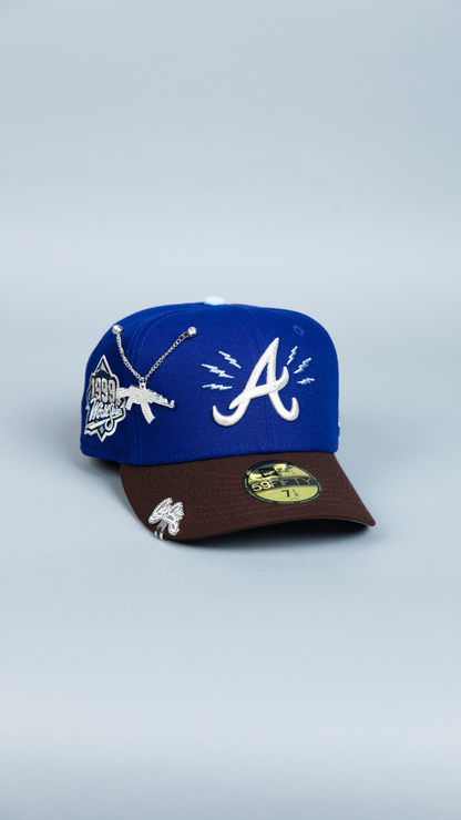 NEW ERA EXCLUSIVE 59FIFTY DARK BLUE/ BROWN ATLANTA BRAVES W/ 1999 WORLD SERIES SIDE PATCH
