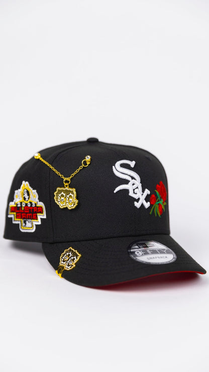 NEW ERA EXCLUSIVE 9FIFTY BLACK CHICAGO WHITE SOX SNAPBACK W/ RED ROSES + 2003 ALL STAR GAME SIDE PATCH