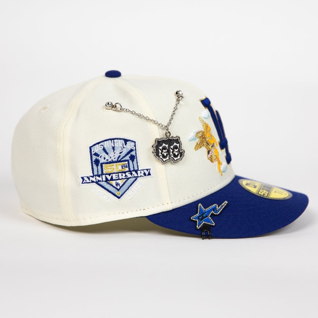 NEW ERA EXCLUSIVE 59FIFTY CHROME/ BLUE LOS ANGELES DODGERS "CITY OF ANGELS" W/ 50TH ANNIVERSARY SIDE PATCH