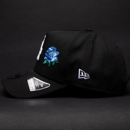 NEW ERA 9FIFTY A-FRAME BLACK LOS ANGELES DODGERS SNAPBACK W/ BLUE ROSE + 75TH WORLD SERIES SIDE PATCH