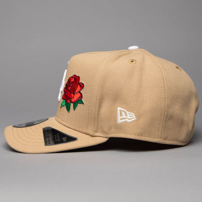 NEW ERA 9FIFTY A-FRAME LIGHT KHAKI LOS ANGELES DODGERS W/ RED ROSE + DODGER STADIUM SIDE PATCH