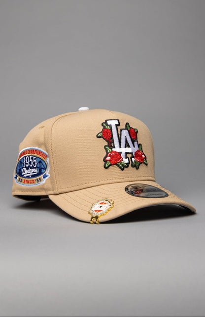 NEW ERA 9FIFTY A-FRAME LIGHT KHAKI LOS ANGELES DODGERS W/ ROSES + 1ST CHAMPIONSHIP SIDE PATCH