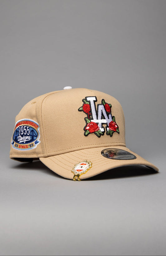NEW ERA 9FIFTY A-FRAME LIGHT KHAKI LOS ANGELES DODGERS W/ ROSES + 1ST CHAMPIONSHIP SIDE PATCH
