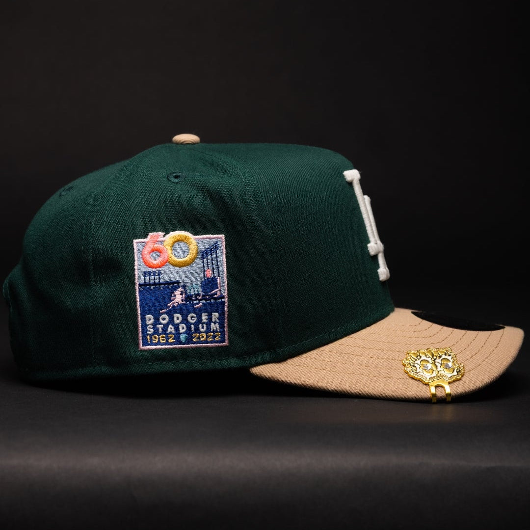 NEW ERA 9FIFTY A-FRAME FOREST GREEN/BEIGE LOS ANGELES DOGERS W/ PINK HEART + DODGER STADIUM SIDE PATCH