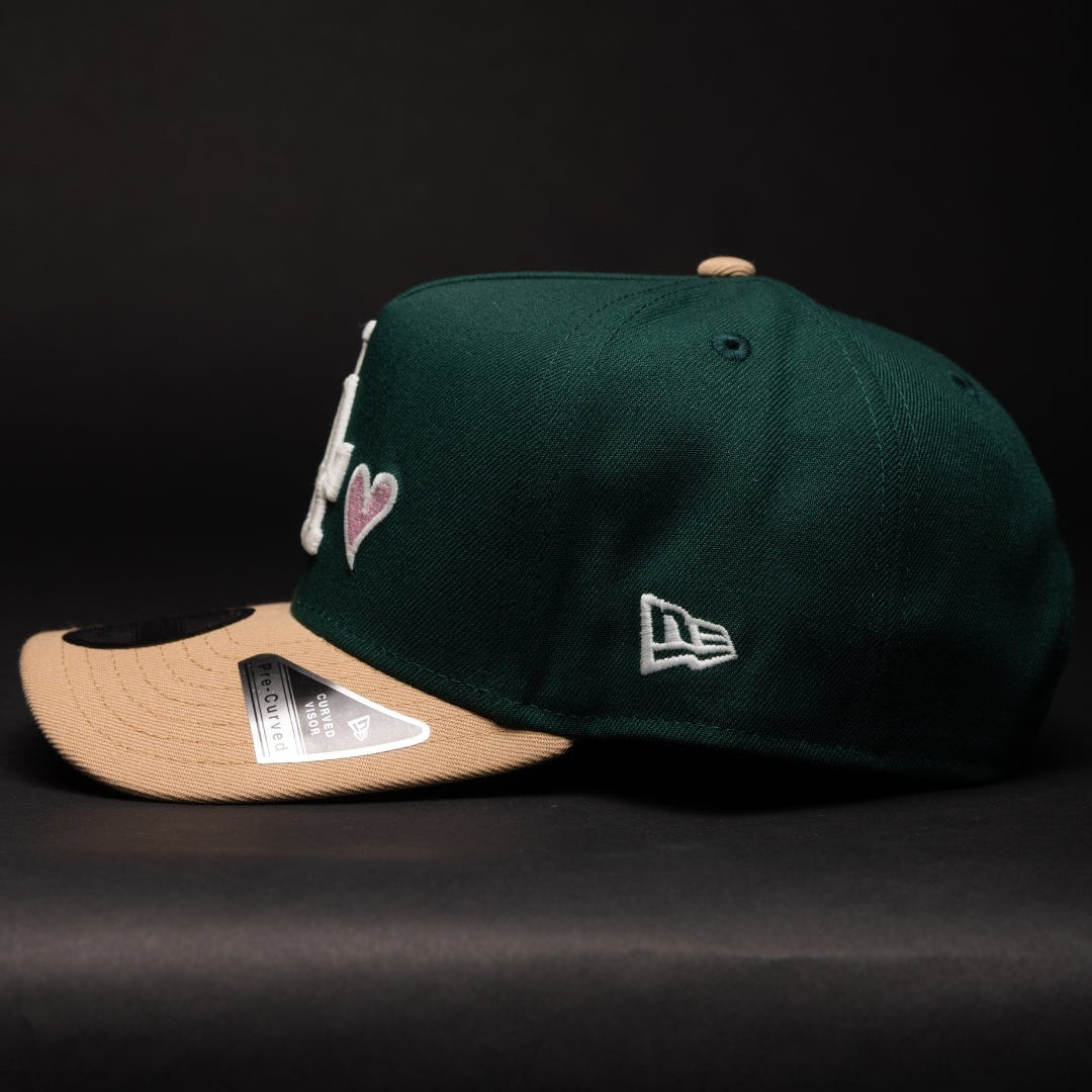 NEW ERA 9FIFTY A-FRAME FOREST GREEN/BEIGE LOS ANGELES DOGERS W/ PINK HEART + DODGER STADIUM SIDE PATCH