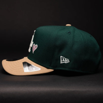 NEW ERA 9FIFTY A-FRAME FOREST GREEN/BEIGE LOS ANGELES DOGERS W/ PINK HEART + DODGER STADIUM SIDE PATCH