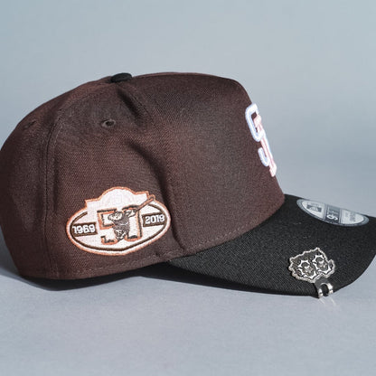 NEW ERA 9FIFTY A-FRAME DARK BROWN/BLACK SAN DIEGO PADRES SNAPBACK W/ 50TH ANNIVERSARY SIDE PATCH