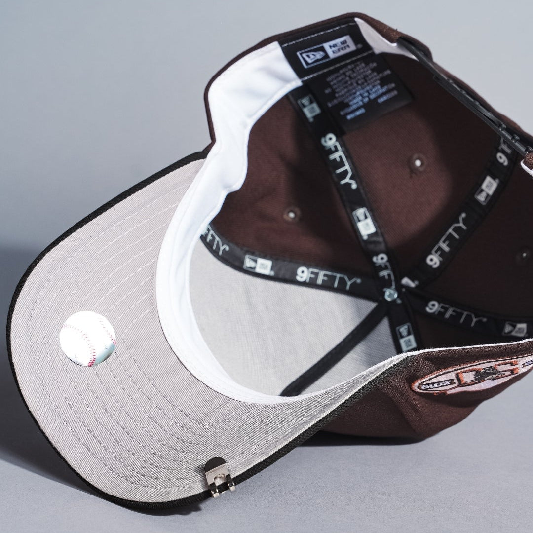 NEW ERA 9FIFTY A-FRAME DARK BROWN/BLACK SAN DIEGO PADRES SNAPBACK W/ 50TH ANNIVERSARY SIDE PATCH