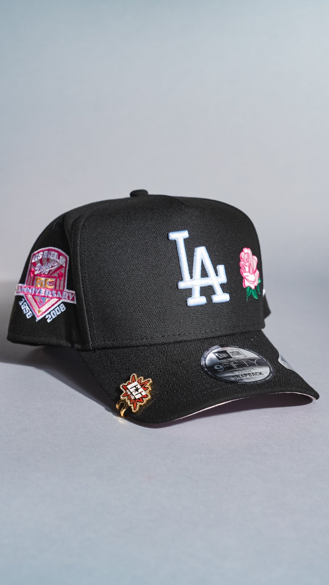 NEW ERA 9FIFTY A-FRAME BLACK LOS ANGELES DODGERS SNAPBACK W/ PINK ROSE + 50TH ANNIVERSARY SIDE PATCH