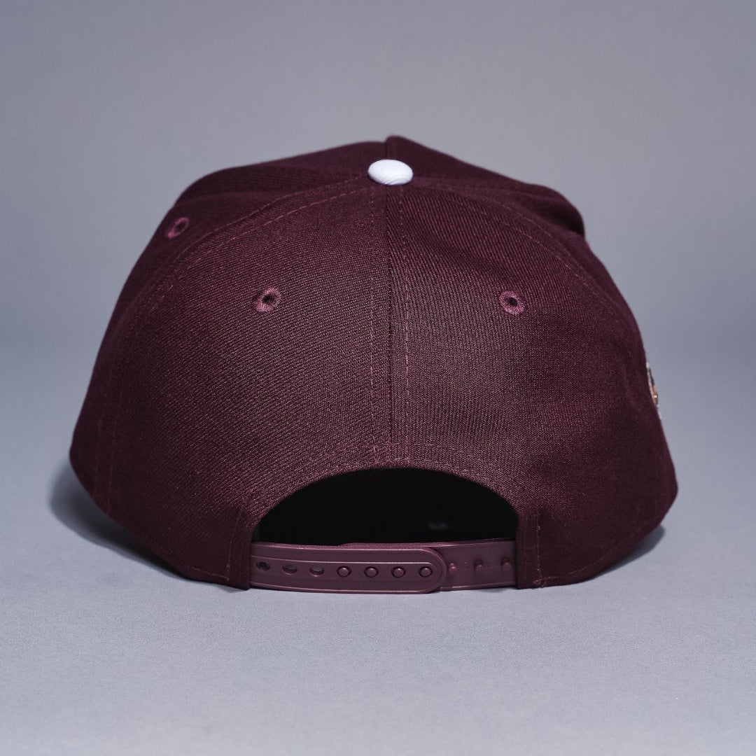 NEW ERA 9FIFTY A-FRAME BURGUNDY LOS ANGELES DODGERS SNAPBACK W/ HEART + 50TH ANNIVERSARY SIDE PATCH