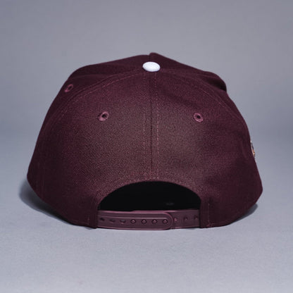 NEW ERA 9FIFTY A-FRAME BURGUNDY LOS ANGELES DODGERS SNAPBACK W/ HEART + 50TH ANNIVERSARY SIDE PATCH