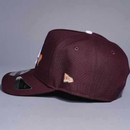 NEW ERA 9FIFTY A-FRAME BURGUNDY LOS ANGELES DODGERS SNAPBACK W/ HEART + 50TH ANNIVERSARY SIDE PATCH