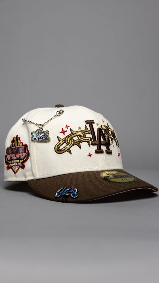 NEW ERA EXCLUSIVE 59FIFTY CHROME/BROWN LOS ANGELES DODGERS W/ EMBROIDERY + 40TH ANNIVERSARY SIDE PATCH
