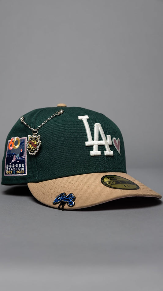 NEW ERA EXCLUSIVE 59FIFTY FOREST GREEN/BEIGE LOS ANGELES DODGERS W/ HEART + DODGER STADIUM SIDE PATCH