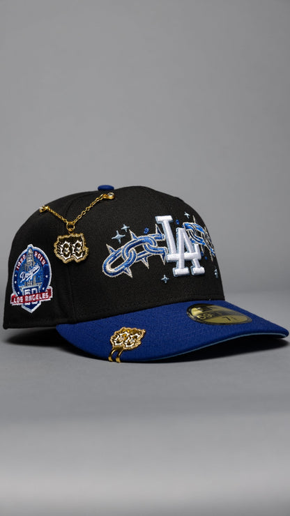 NEW ERA EXCLUSIVE 59FIFTY BLACK/BLUE LOS ANGELES DODGERS W/ EMBROIDERY + 60TH ANNIVERSARY SIDE PATCH