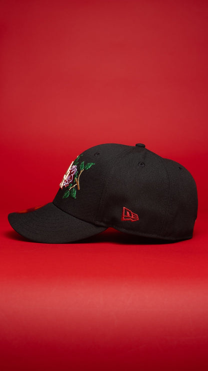 NEW ERA EXCLUSIVE 59FIFTY BLACK LOS ANGELES DODGERS W/ RED ROSE + 2024 WORLD SERIES SIDE PATCH