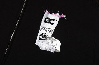 NEW* HERENCIA DE PATRONES x CAP CITY BLACK "CLIKA SHI" ZIP UP HOODIE