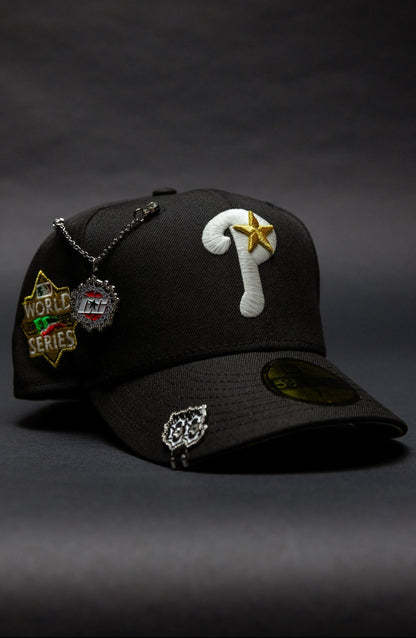 NEW ERA EXCLUSIVE 59FIFTY BLACK PHILADELPHIA PHILLIES W/ WORLD SERIES SIDE PATCH