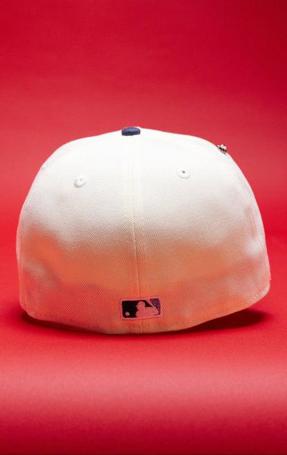 NEW ERA EXCLUSIVE 59FIFTY CHROME/NAVY LOS ANGELES DODGERS W/ BURNT ROSES + 2024 WORLD SERIES SIDE PATCH