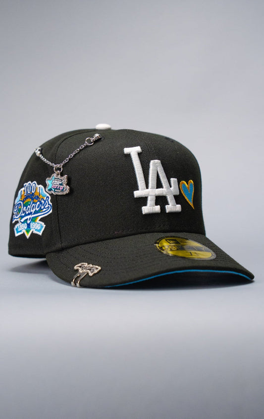NEW ERA EXCLUSIVE 59FIFTY BLACK LOS ANGELES DODGERS W/ HEART + 100TH ANNIVERSARY SIDE PATCH